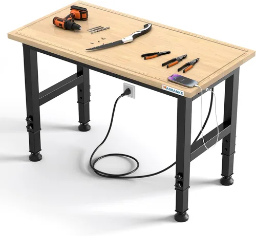 LARBANKE Banco de trabajo ajustable de 48 pulgadas, capacidad de peso de hasta 2000 libras, mesa de trabajo de madera de caucho para trabajo pesado,