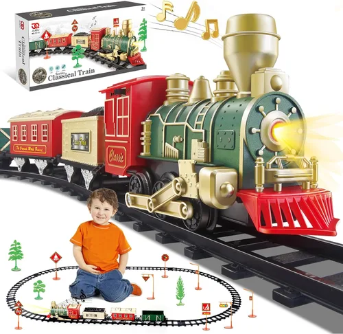 JQ JUQU Juego de tren eléctrico para niños de 3 a 8 años, tren de juguete a pilas con luces y sonidos, 3 autos y 10 pistas para Navidad y juego