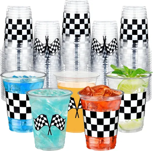 peony man 50 vasos de plástico para fiestas de carreras a cuadros, de 16 onzas, color blanco y negro, con bandera a cuadros, vasos desechables para