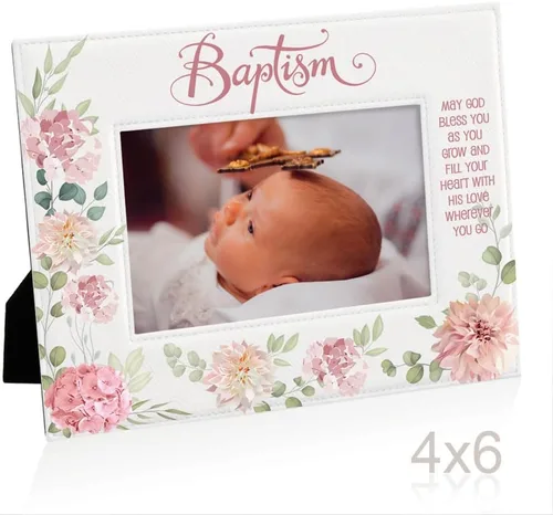 Miniatura 4 de KATE POSH Marco de fotos de bautismo para niña, decoración de flores rosas, bautizo, regalo religisoso, de padrinos, bebé nuevo (4 x 6 horizontal)