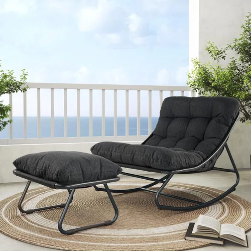 Miniatura 8 de Silla mecedora para exteriores Grand Patio, mecedora de salón de metal con cojín grueso, balancín moderno y cómodo para patio, porche, terraza, Beige