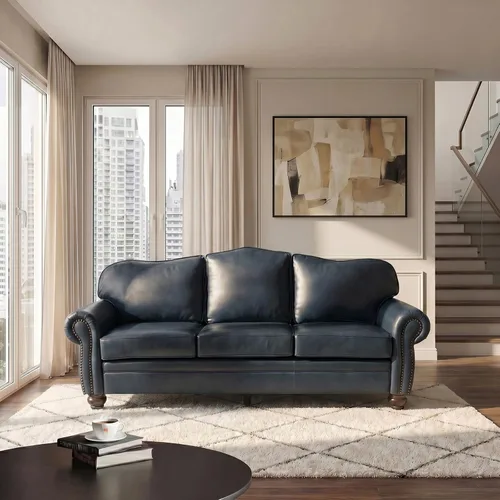 Miniatura 8 de HULALA Home Sofá de cuero genuino de 81 pulgadas con ribete de clavos y reposabrazos enrollados, moderno de mediados de siglo, sofá de 3 plazas