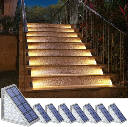 NIORSUN Luces Solares para Escalones Paquete de 8, Luces para Escaleras Exteriores Impermeables IP67 con Encendido/Apagado Automático - 3000K Blanco