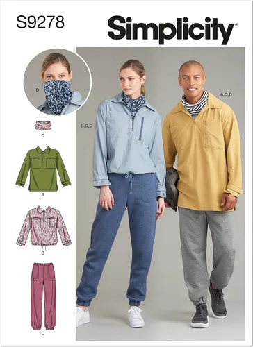 Simplicity Paquete de camisetas con media cremallera para hombre y mujer, cuello y pantalones sin cierre, patrón de costura código 9278, tallas