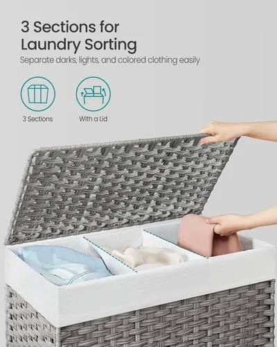 Miniatura 3 de SONGMICS Cesta de lavandería con tapa, 42.3 galones (160 L), cesta de lavandería con ruedas, ratán sintético de 3 secciones, forro extraíble, Gris