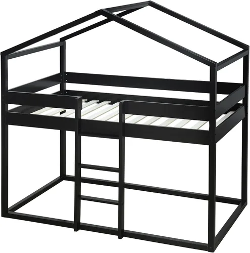 Miniatura 9 de Litera de casa individual sobre individual, literas individuales con escalera, tienda de campaña y barandilla, literas de casa para niños, niñas