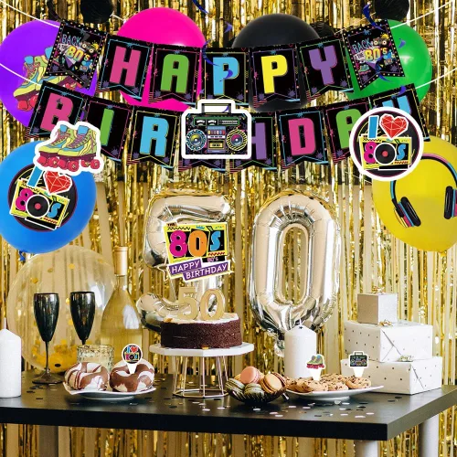 Miniatura 4 de Decoraciones de fiesta de cumpleaños de los años 80, cartel de feliz cumpleaños de los 80, retro para fiesta, espirales colgantes, globos de hip