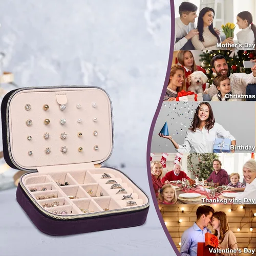 Miniatura 6 de Dajasan Mini estuche de joyería de viaje, pequeña caja organizadora de joyas de viaje, caja de regalo de joyería de terciopelo para mujeres y niñas