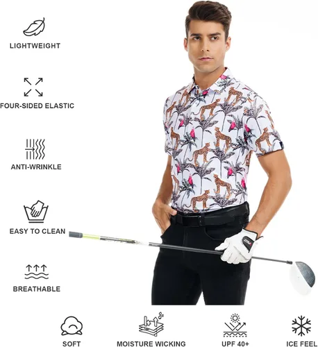 Miniatura 3 de DEOLAX Camisa de golf para hombre, con estampado de moda, atlética, de manga corta, clásica, casual, ajuste seco, suave, para hombres