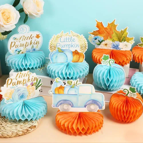 Miniatura 5 de 12 piezas de decoración de calabaza pequeña para baby shower, centros de mesa de calabaza de otoño, nido de abeja, A Little Pumpkin is On The Way