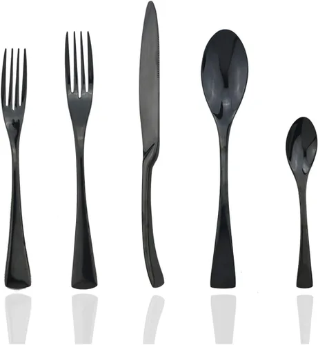 JASHII Juego de cubiertos de acero inoxidable negro para 4 piezas, incluye tenedores, cuchillos, cucharas, aptos para lavavajillas (negro)