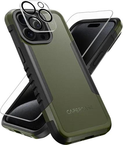 Funda resistente para iPhone 15 Pro Max de 6.7 pulgadas con 2 protectores de pantalla + protectores de lente de cámara, [protección de grado
