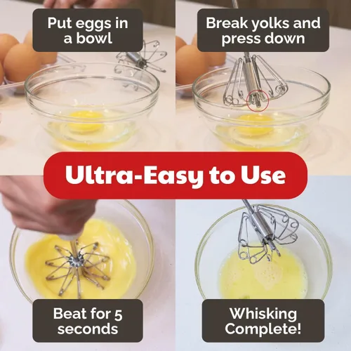 Miniatura 4 de Batidor de huevos de acero inoxidable - Fácil de usar batidor semiautomático de presión con cierre - Mezclador de mano giratorio para batir huevos