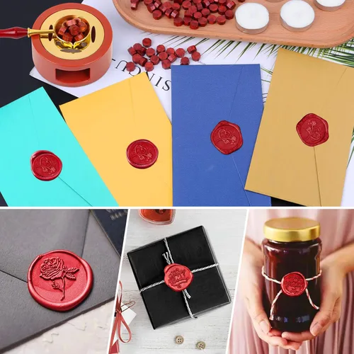 Miniatura 7 de PAXCOO - Juego de 312 sellos de cera roja con cuentas de sello de cera roja, calentador de sellos de cera, cuchara de cera y velas para sobres