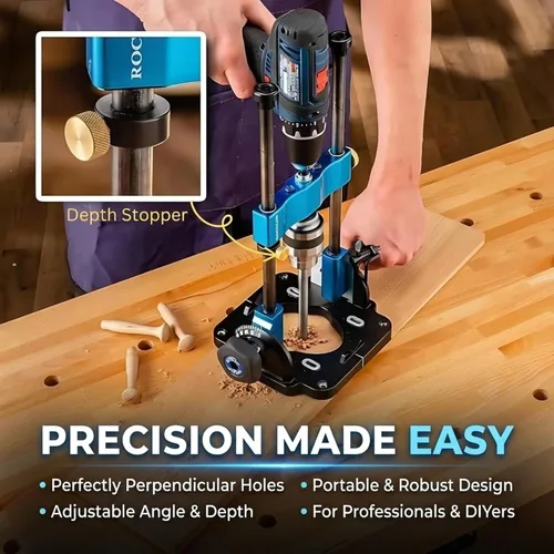 Miniatura 4 de Rockler Guía de taladro Adaptador de prensa de taladro portátil para taladro manual - Ángulo de 0 a 60 con transportador y llave de portabrocas