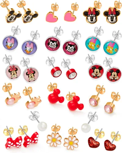 Disney Paquete de 16 pares de aretes tipo dormilona con licencia oficial de Disney para niñas de Mickey, Minnie Mouse y Friends, Disfraz, No es una