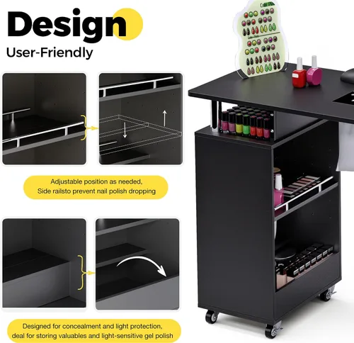 Miniatura 6 de Mesa de manicura HolaiNail, mesa para uñas con recolector de polvo, apoyabrazos, ruedas, cajón y gabinete, estación para salón de belleza, negra
