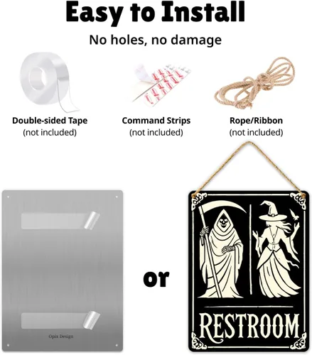 Miniatura 6 de Letrero de decoración de baño de Halloween – Parca y bruja, decoración espeluznante para baño, divertida placa de metal gótica de 11 x 8.3 pulgadas