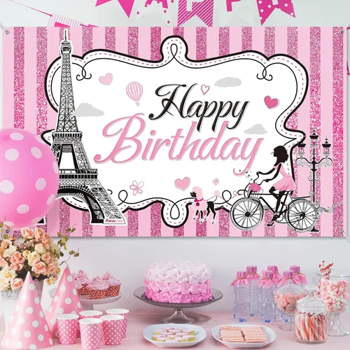 Miniatura 4 de Telón de fondo de fotos de París, tapiz de pared de la Torre Eiffel, decoración de fiesta de cumpleaños con temática de París, pancarta rosa