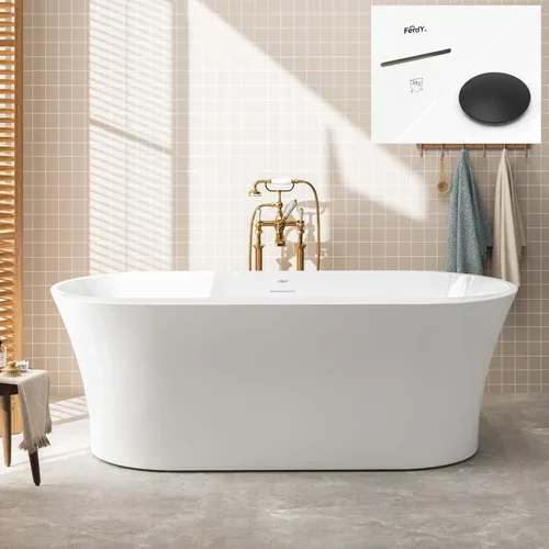 Miniatura 34 de FerdY Shangri-La - Bañera de acrílico independiente de 67 pulgadas, bañera de remojo de acrílico de forma ovalada clásica con desagüe de níquel