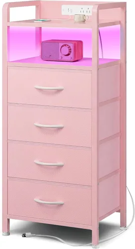 Miniatura 12 de Lazzanto Mesita de noche para dormitorio, mesita de noche con estación de carga y tira de luz LED, mesita de noche con estante de almacenamiento y 2