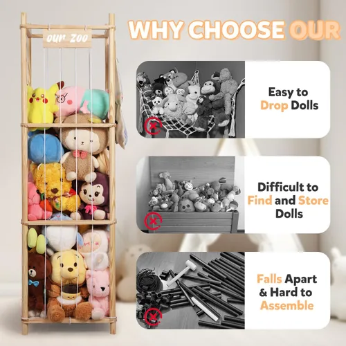 Miniatura 5 de Organizador de almacenamiento de animales de peluche, soporte grande de madera para juguetes de zoológico con bolsillos, peluches, almacenamiento