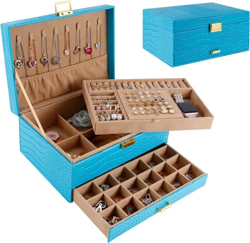 Gifturbo Caja organizadora de joyas para mujeres y niñas, cajas de joyería de piel sintética azul, 3 capas de joyería, caja de regalo para pulseras,