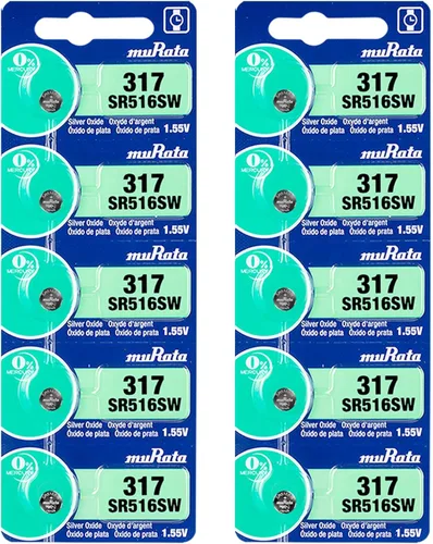 Murata 317 Batería SR516SW 1.55V Celda de botón de reloj de óxido de plata (10 baterías)