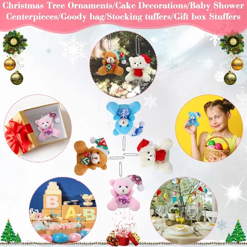 Miniatura 7 de 12 piezas de mini oso de Navidad de 3.15 pulgadas, oso de peluche suave, juguete de animal de peluche, adorno lindo para árbol de Navidad, llavero