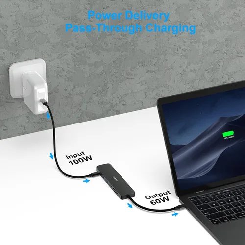 Miniatura 7 de BENFEI HUB USB C 7 en 1, Adaptador HUB Multipuerto USB-C con HDMI (Certificado 4K @ 60Hz)/Entrega de energía de 100W/3*USB 3.0 5Gbps/Lector de Negro
