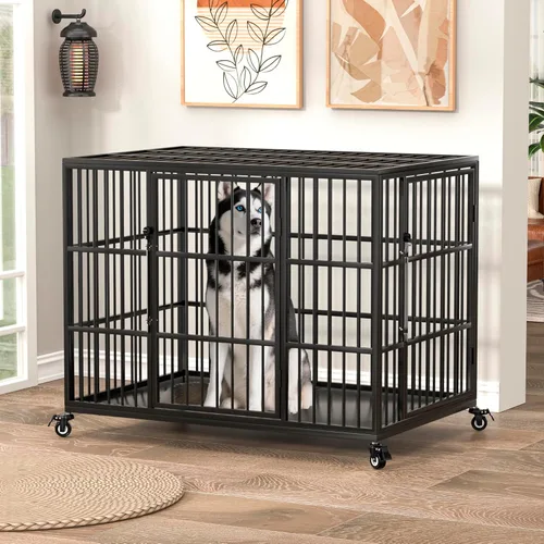 Miniatura 8 de VERIFURTY Jaula resistente de 42 pulgadas para perros grandes y medianos con pestillo de autobloqueo, perrera de acero a prueba de fugas