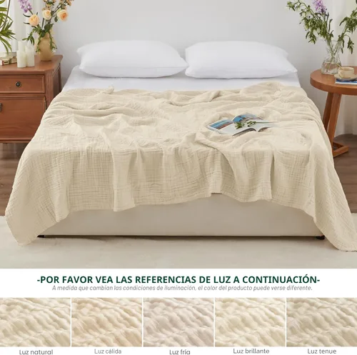 Miniatura 6 de Love's cabin - Manta de muselina de 6 capas 100% algodón, 90"x90", manta de muselina tamaño queen para sofá o cama, de algodón de gasa ligera y Beige