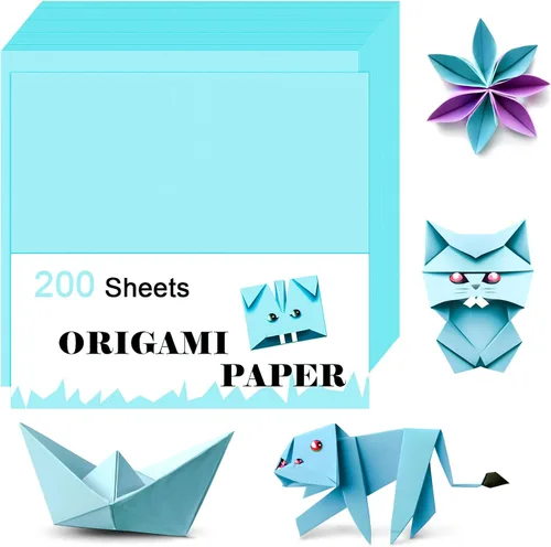 200 hojas de papel de origami azul claro, color de doble cara de 6 x 6 pulgadas, kit para niños, kit de papel de color, regalos para principiantes