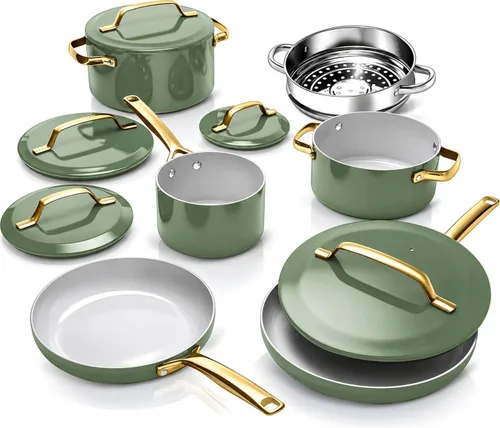 GOTHAM STEEL - Juego moderno de 11 piezas de utensilios de cocina de cerámica, elegantemente diseñado, ollas y sartenes antiadherentes con vaporera,