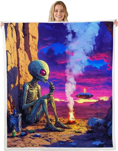 Miniatura 26 de Manta de franela de alienígena, misteriosa nave espacial estrellada con purpurina y planetas de cielo para decoración de habitaciones, manta