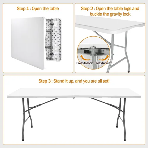 Miniatura 2 de Mesa de comedor de 6 pies, mesa plegable de plástico, para acampar en interiores y exteriores, picnics y fiestas, color blanco, capacidad de carga