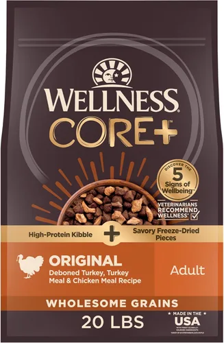Wellness CORE+ Alimento seco para perros con trozos liofilizados, granos integrales, alto en proteínas, natural, receta original de pavo y pollo,