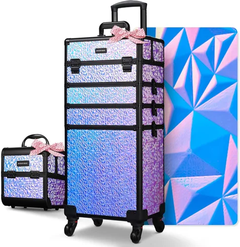 Miniatura 24 de BYOOTIQUE estuche rodante para maquillaje 4 en 1, con cerradura, maletín tipo trolley para cosméticos, con 4 ruedas extraíbles, organizador de viaje