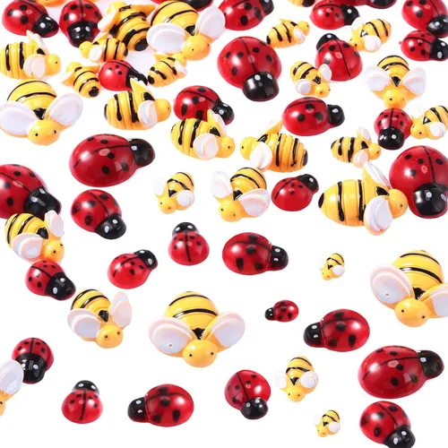 Jetec 50 pequeñas abejas de resina, incluyendo 25 piezas de diminutas abejas de resina y 25 mariquitas para manualidades, corona, álbumes de