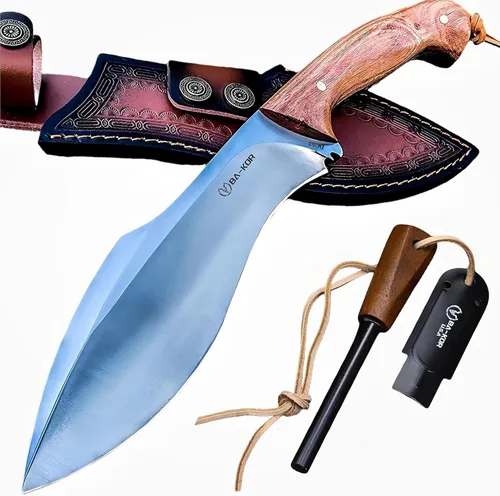 BA-KOR (Survivor III) Cuchillo fijo de 35.5CM (14.2") de acero DC53 con tanga completa de 10mm engrosada + funda de cuero y encendido de cerio