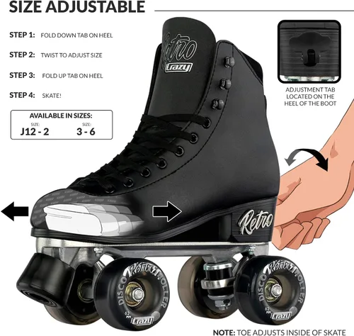 Miniatura 3 de Crazy Skates Retro Roller Skates Adjustable or Fixed Sizes Classic Quad Skates for Men, Women and Girls Negro (ajustable)
