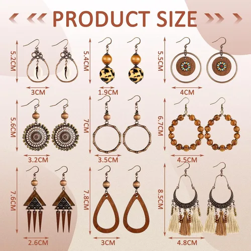 Miniatura 3 de 9 pares de aretes bohemios de madera para mujer, con borlas, estilo nacional, estilo hippie, vintage, gota para la oreja