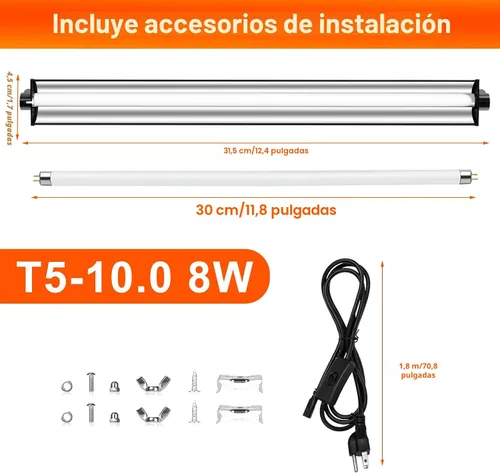 Miniatura 7 de Lámpara de reptil UVB T5 10.0 de 8 W de 12 pulgadas, luz UVA UVB de alto rendimiento para dragones barbudos, tortugas y serpientes, lámpara UVB