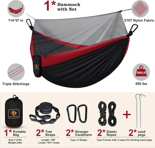 Miniatura 6 de Hamaca de camping con red, hamacas ligeras portátiles de viaje con correas para árboles y mosquetones sólidos en forma de D, hamaca de nailon