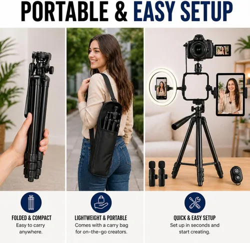 Miniatura 7 de Acuvar Kit de vlogging con trípode de luz de anillo – Kit de creación de contenido para iPhone, Android y tabletas, micrófono, control remoto