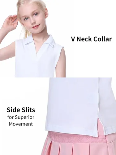 Miniatura 3 de EXARUS Camisetas polo de golf para niñas, sin mangas, cuello en V, tenis, atléticas, para ejercicio escolar de 5 a 12 años