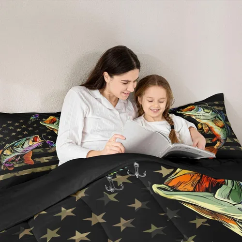 Miniatura 6 de Erosebridal Ropa de cama individual de pesca con bandera estadounidense, edredón de camuflaje para niños y niñas, decoración de caza, relleno