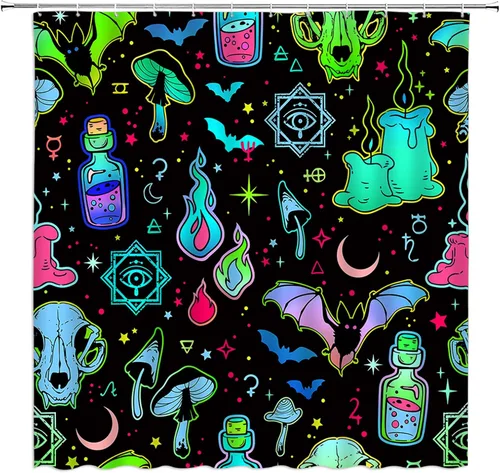 GCTNBJL Cortina de ducha de Halloween para caravana, espeluznante alquimia bruja, tablero de ouija, murciélago, cráneo, hongo gótico, luna,