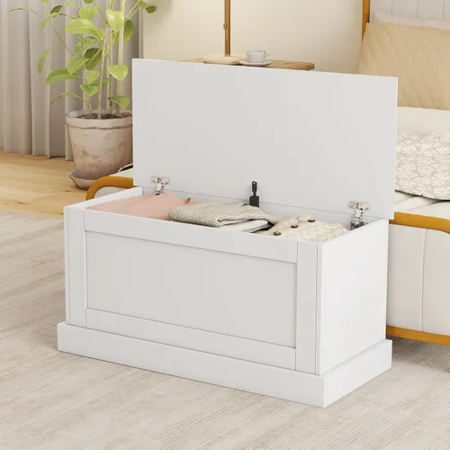 Miniatura 3 de LOKO Baúl de almacenamiento de 35.5 pulgadas, caja de almacenamiento superior con bisagras de metal, banco de almacenamiento de madera con puntal