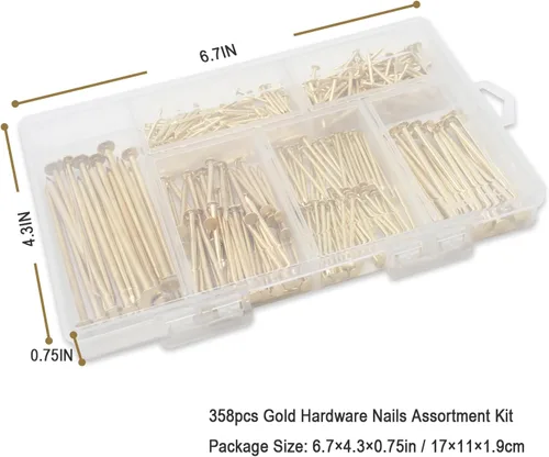 Miniatura 7 de Kit surtido de clavos con herrajes dorados de 6 tamaños, 358 piezas, chapado en latón, clavos para colgar cuadros, clavos de acabado, clavos
